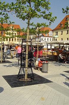 une grille d'arbre sur une place de centre-ville